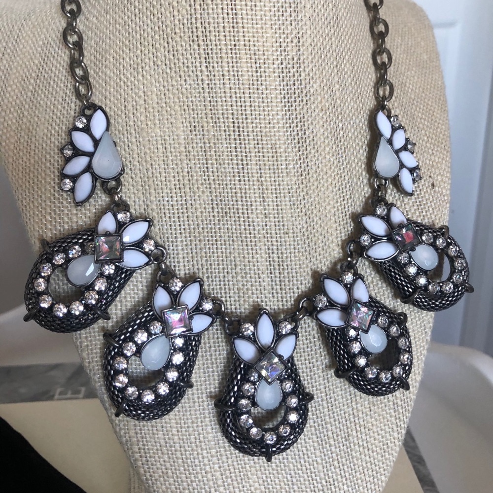 Pewter Statement Necklace w/ White & Clear Gems